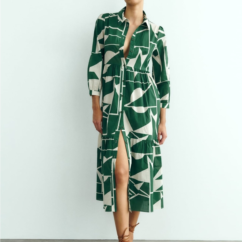 Zara LONG PRINT DRESS GREEN | 2183/071